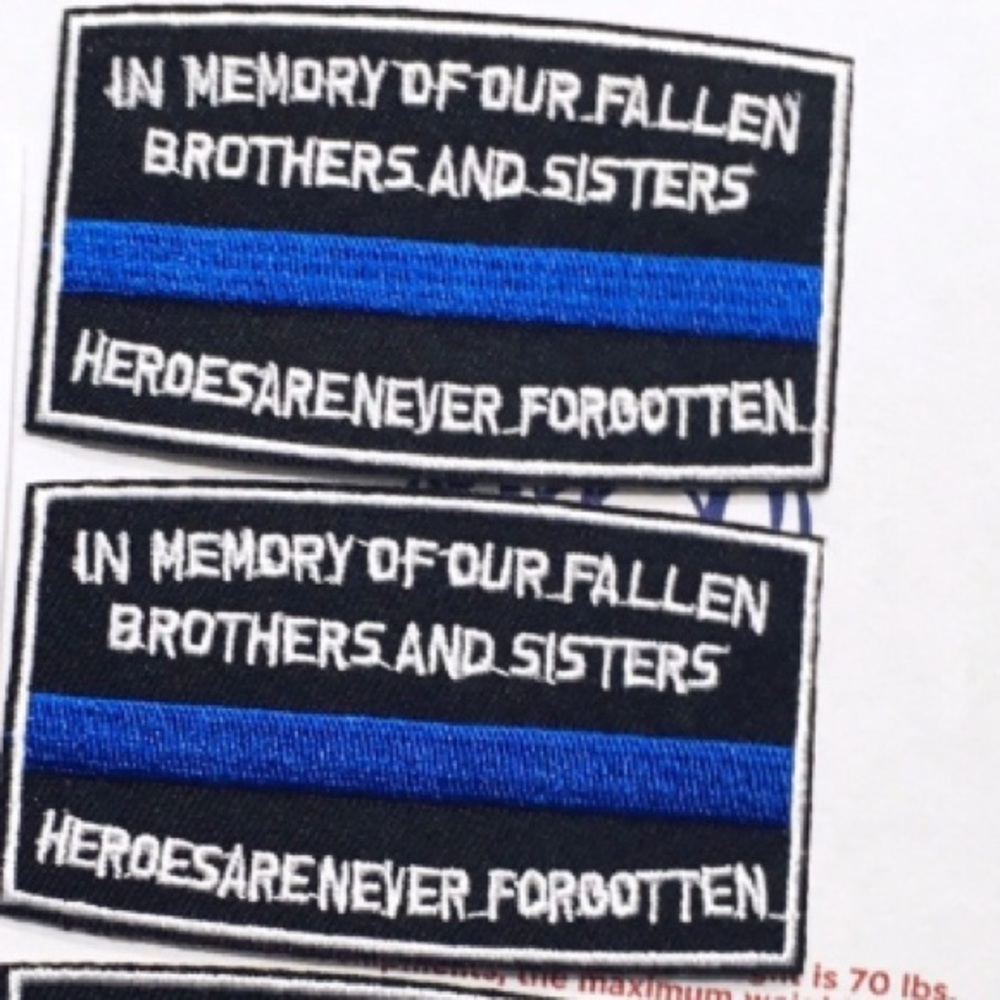 THE BLUE LINE IN MEMORY POLICE COPS PATCHES IRON ON BADGES 2PCS